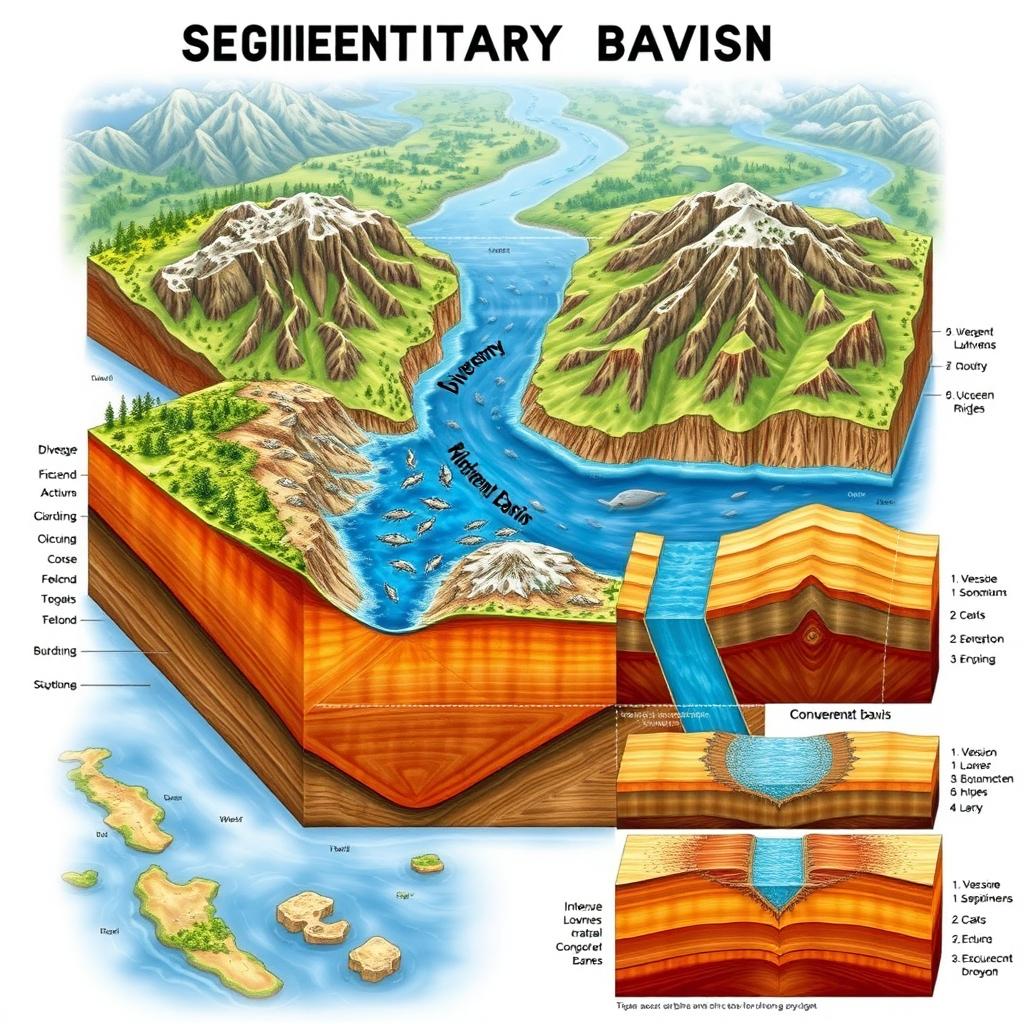 A detailed illustration showcasing three distinct types of sedimentary basins: divergent, convergent, and collision zones