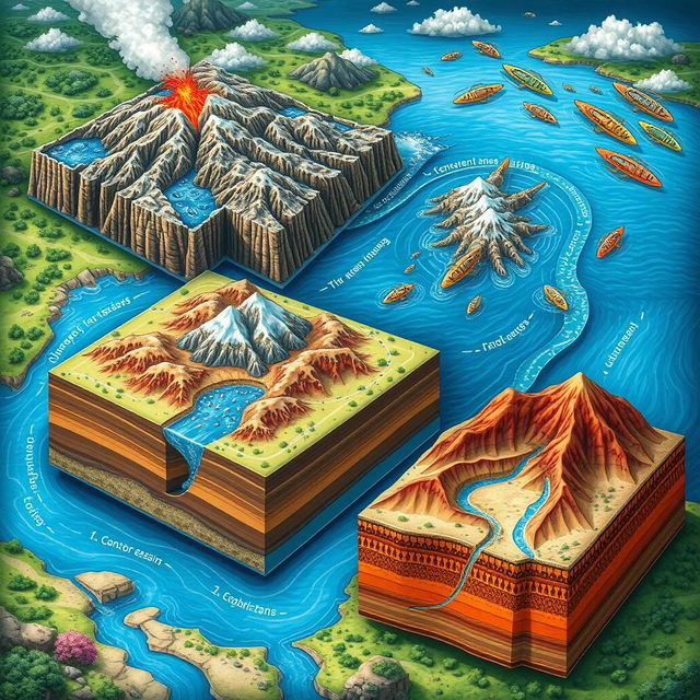 A detailed illustration showcasing three distinct types of sedimentary basins: divergent, convergent, and collision zones