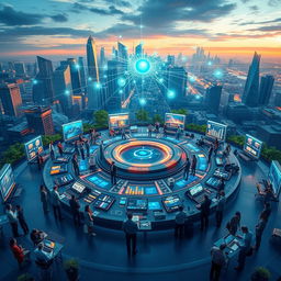 An artistic representation of a 'Fusion Center', showcasing a dynamic blending of technology and human interaction