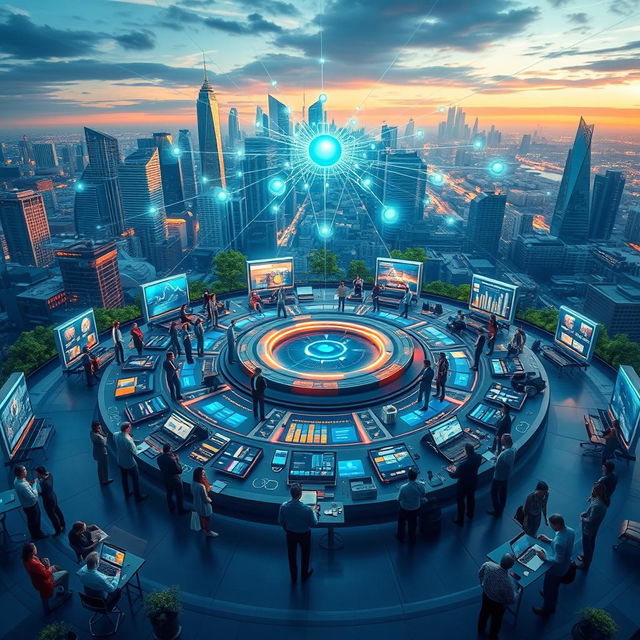 An artistic representation of a 'Fusion Center', showcasing a dynamic blending of technology and human interaction