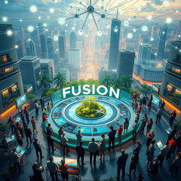An artistic representation of a 'Fusion Center', showcasing a dynamic blending of technology and human interaction