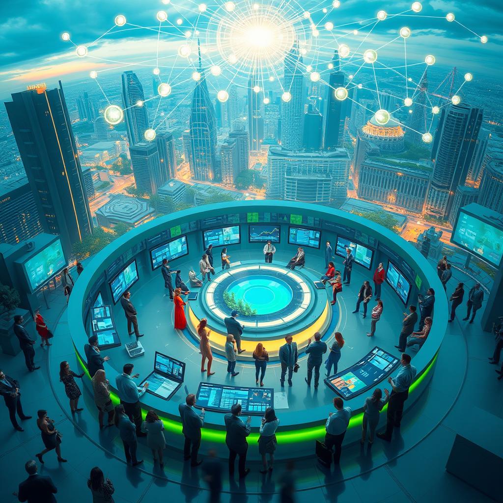 An artistic representation of a 'Fusion Center', showcasing a dynamic blending of technology and human interaction