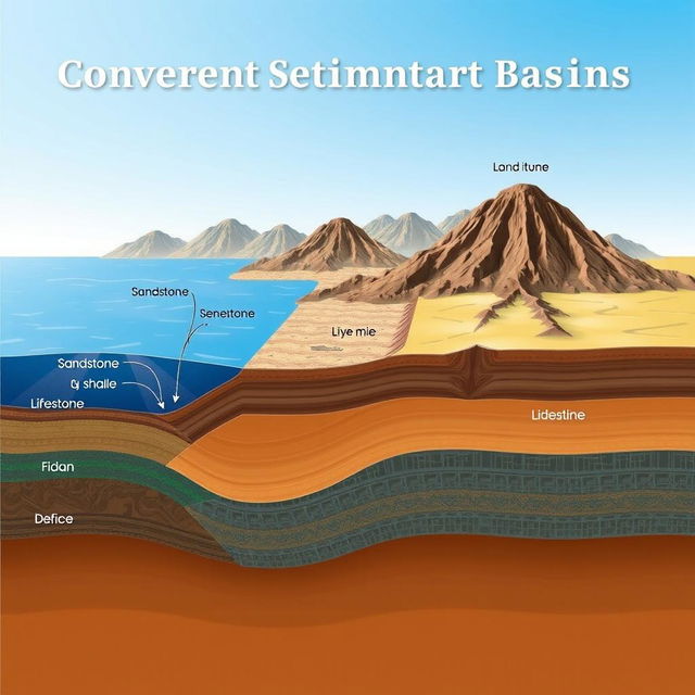 A detailed illustration showing various types of convergent sedimentary basins