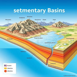 A detailed illustration showing various types of convergent sedimentary basins