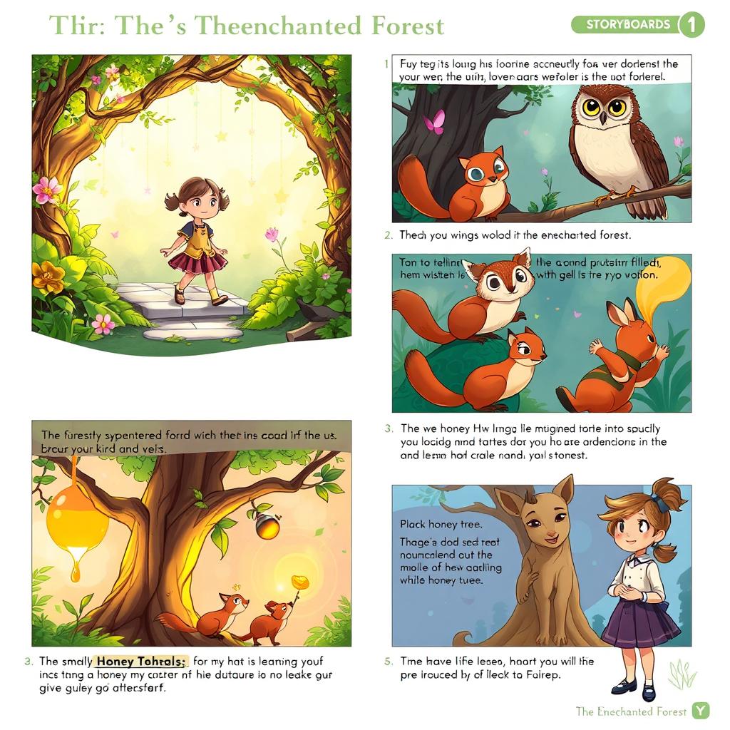A storyboard concept for 'The Enchanted Forest', illustrating the journey of a young girl who accidentally discovers a magical realm