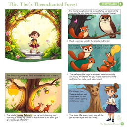 A storyboard concept for 'The Enchanted Forest', illustrating the journey of a young girl who accidentally discovers a magical realm