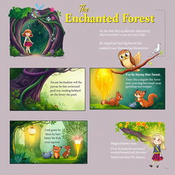 A storyboard concept for 'The Enchanted Forest', illustrating the journey of a young girl who accidentally discovers a magical realm