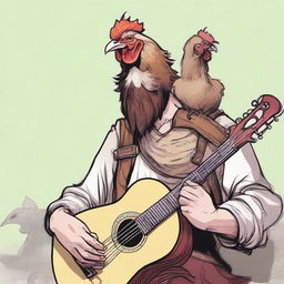 This ultra-realistic comic-style image illustrates a vagrant bard, half-smiling as he plays a lute