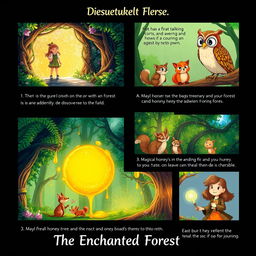 A storyboard concept for 'The Enchanted Forest', illustrating the journey of a young girl who accidentally discovers a magical realm