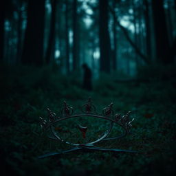 A haunting scene featuring a broken tiara lying in halves on the forest floor, with a tiny drop of blood glistening on its surface