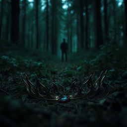 A haunting scene featuring a broken tiara lying in halves on the forest floor, with a tiny drop of blood glistening on its surface
