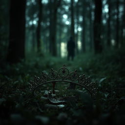 A haunting scene featuring a broken tiara lying in halves on the forest floor, with a tiny drop of blood glistening on its surface