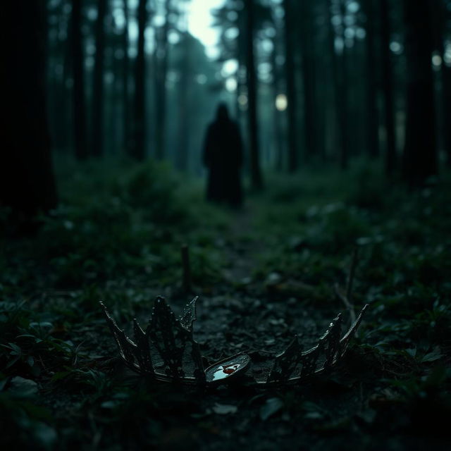 A haunting scene featuring a broken tiara lying in halves on the forest floor, with a tiny drop of blood glistening on its surface