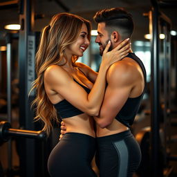 A fit and attractive woman in a stylish gym outfit, engaging in an intimate moment, surrounded by gym equipment, conveying a sensual atmosphere
