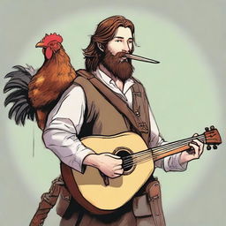 This ultra-realistic comic-style image illustrates a vagrant bard, half-smiling as he plays a lute