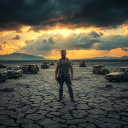 A solitary man standing amidst a desolate landscape, with a backdrop of dark storm clouds and fading sunlight hinting at the end of the world