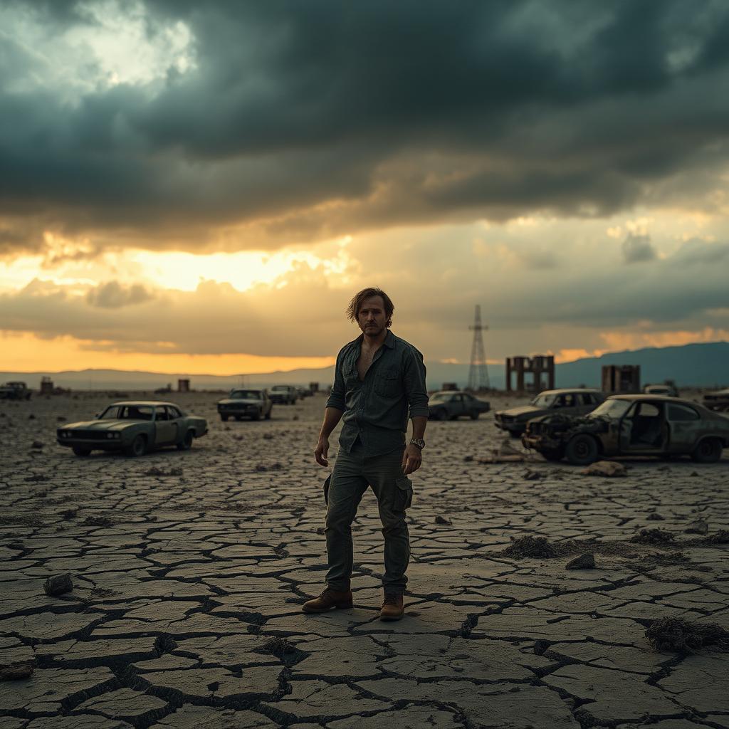 A solitary man standing amidst a desolate landscape, with a backdrop of dark storm clouds and fading sunlight hinting at the end of the world