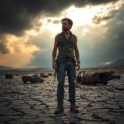 A solitary man standing amidst a desolate landscape, with a backdrop of dark storm clouds and fading sunlight hinting at the end of the world