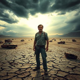A solitary man standing amidst a desolate landscape, with a backdrop of dark storm clouds and fading sunlight hinting at the end of the world