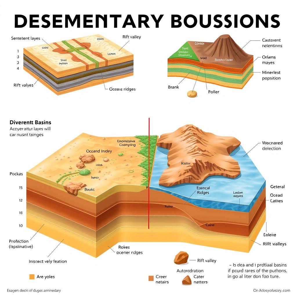 A detailed illustration of various types of sedimentary basins, showcasing divergent boundaries