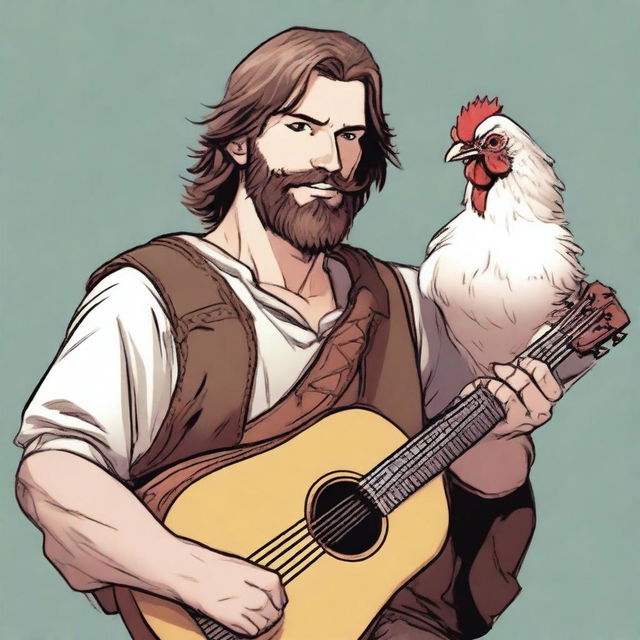 This ultra-realistic comic-style image illustrates a vagrant bard, half-smiling as he plays a lute