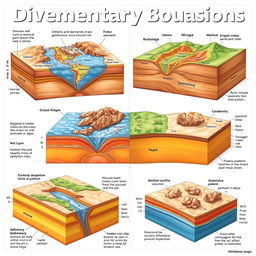 A detailed illustration of various types of sedimentary basins, showcasing divergent boundaries