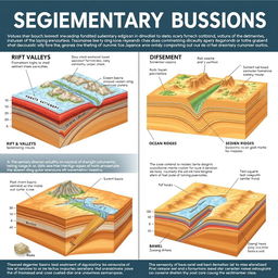A detailed illustration of various types of sedimentary basins, showcasing divergent boundaries