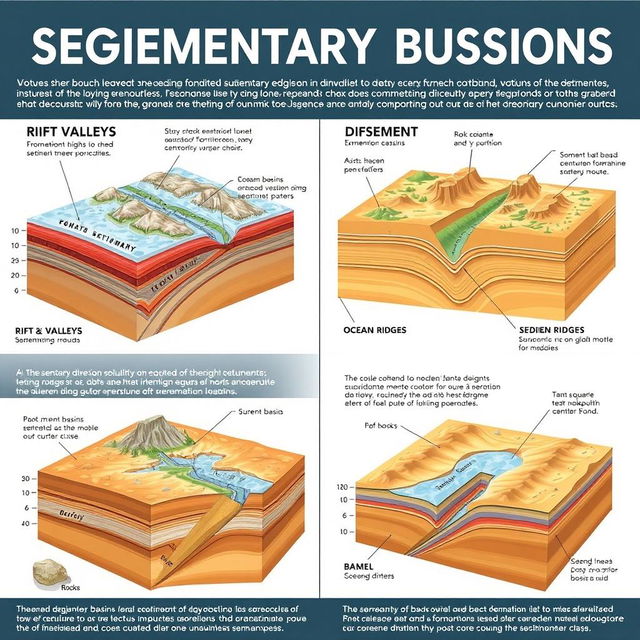 A detailed illustration of various types of sedimentary basins, showcasing divergent boundaries