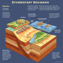 A detailed illustration of various types of sedimentary basins, showcasing divergent boundaries