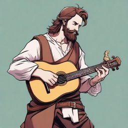 This ultra-realistic comic-style image illustrates a vagrant bard, half-smiling as he plays a lute