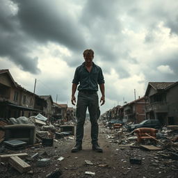 A solitary man standing amidst a ruined urban landscape, with wrecked houses and collapsed buildings all around him