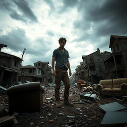 A solitary man standing amidst a ruined urban landscape, with wrecked houses and collapsed buildings all around him