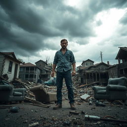 A solitary man standing amidst a ruined urban landscape, with wrecked houses and collapsed buildings all around him