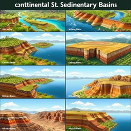 A collection of images depicting various types of continental sedimentary basins