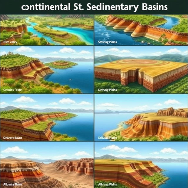 A collection of images depicting various types of continental sedimentary basins