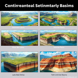 A collection of images depicting various types of continental sedimentary basins