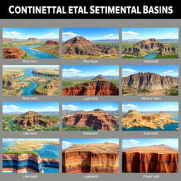 A collection of images depicting various types of continental sedimentary basins
