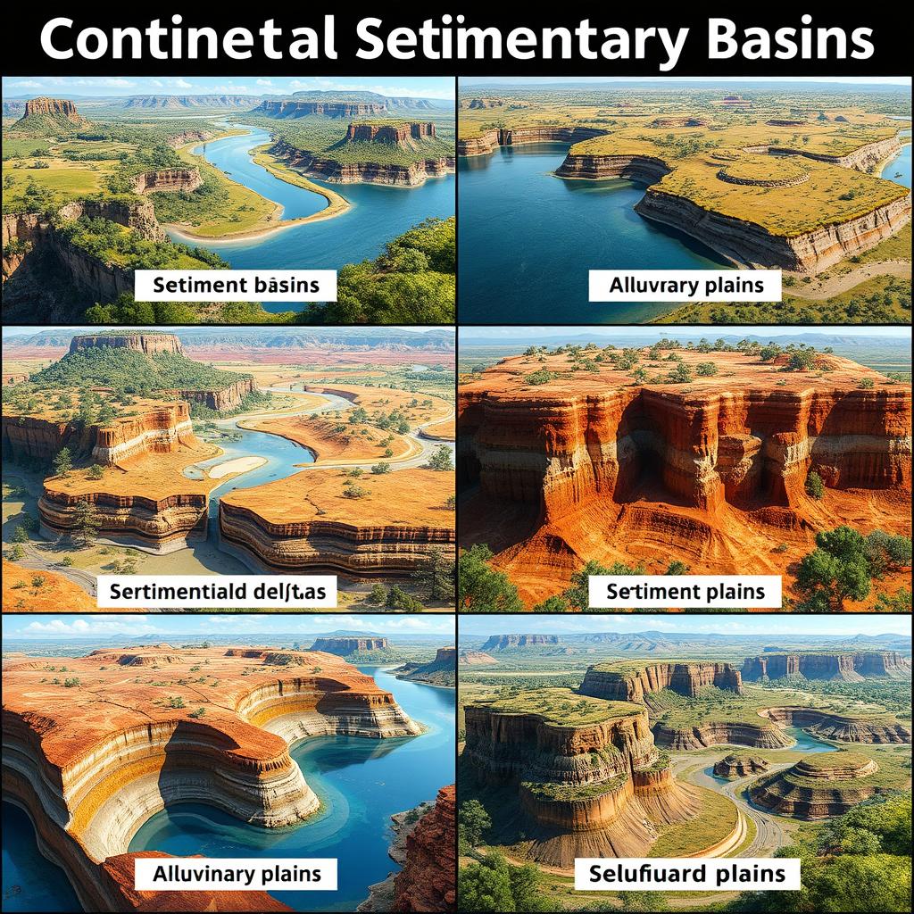 A collection of images depicting various types of continental sedimentary basins
