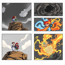 A storyboard for 'Elemental Guardians', showcasing the adventure of four friends representing the elements: earth, water, fire, and air