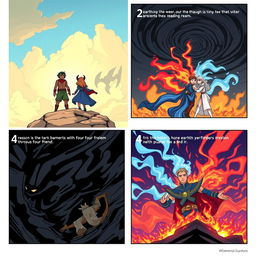 A storyboard for 'Elemental Guardians', showcasing the adventure of four friends representing the elements: earth, water, fire, and air