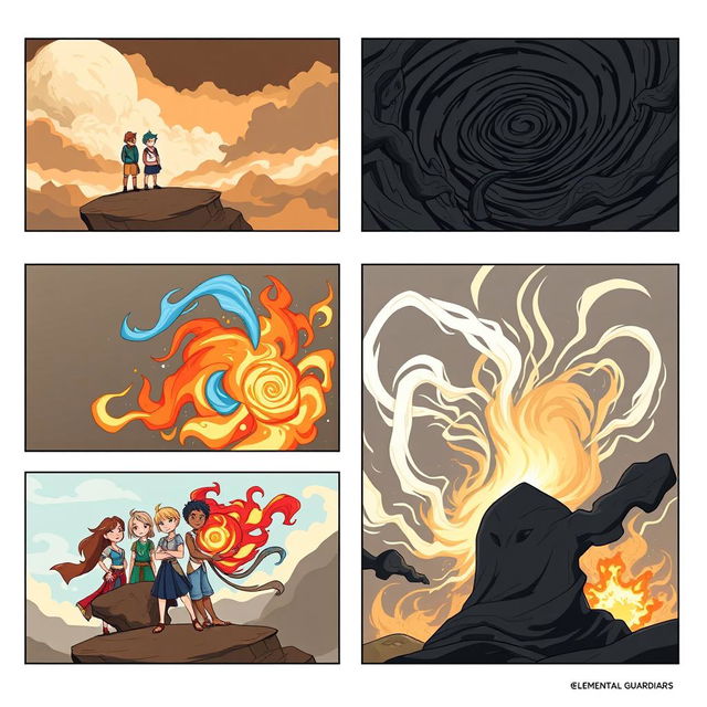 A storyboard for 'Elemental Guardians', showcasing the adventure of four friends representing the elements: earth, water, fire, and air