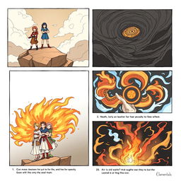 A storyboard for 'Elemental Guardians', showcasing the adventure of four friends representing the elements: earth, water, fire, and air