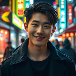 A handsome Korean young man with seductive eyes, charming smile, and stylish hair, dressed in modern fashion