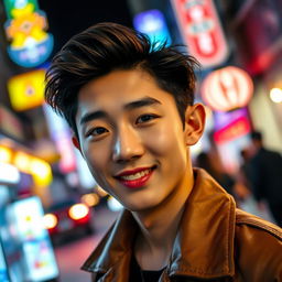 A handsome Korean young man with seductive eyes, charming smile, and stylish hair, dressed in modern fashion