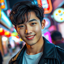 A handsome Korean young man with seductive eyes, charming smile, and stylish hair, dressed in modern fashion