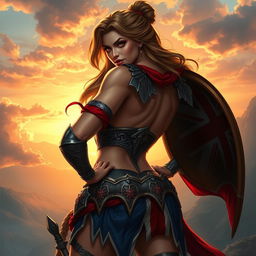 A detailed artistic portrayal of a character inspired by Britannia, depicted with an empowering and confident stance