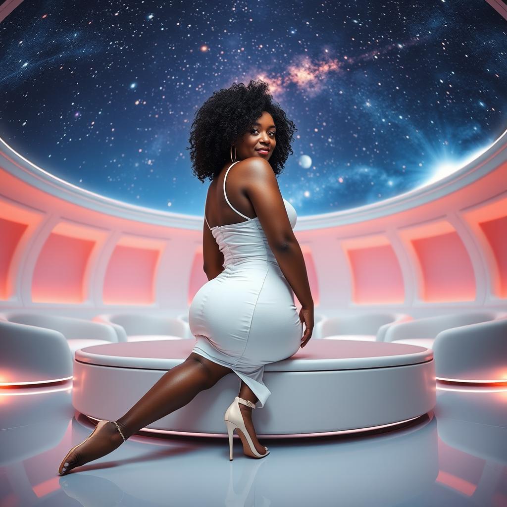 A full-body image of a beautiful mature African American woman aged 50, with curly black hair, possessing a curvy physique, featuring large breasts size 42DD, wide hips, a very slender waist, thick thighs, and beautiful, firm legs