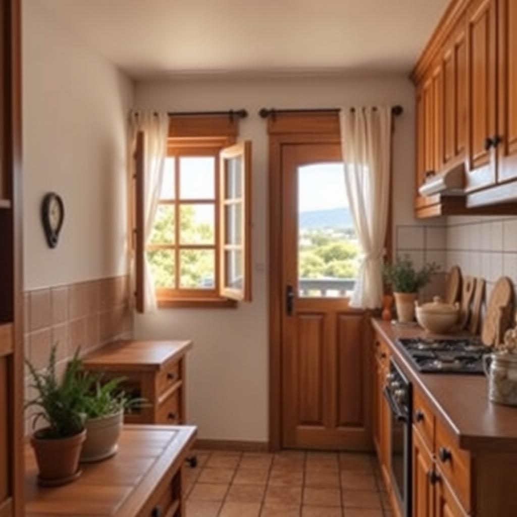 A beautifully designed rustic kitchen measuring approximately 2/5 by 1/6 meters, featuring warm wooden cabinetry and a charming, country-style design