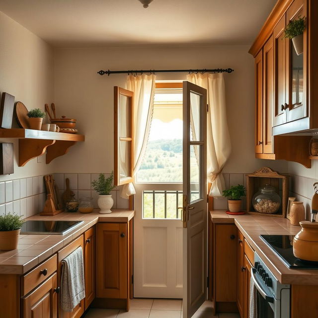 A beautifully designed rustic kitchen measuring approximately 2/5 by 1/6 meters, featuring warm wooden cabinetry and a charming, country-style design