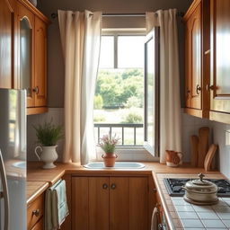 A beautifully designed rustic kitchen measuring approximately 2/5 by 1/6 meters, featuring warm wooden cabinetry and a charming, country-style design
